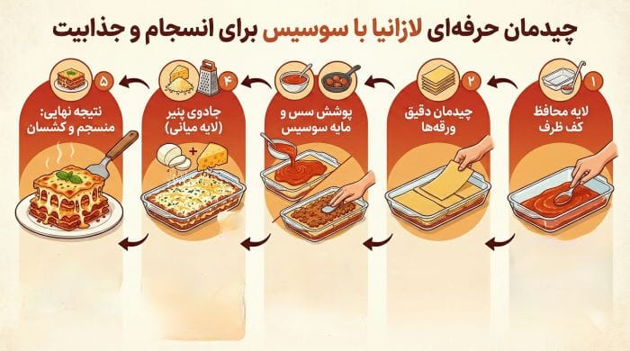 اینفوگرافیک نحوه چیدن لایههای لازانیا با سس قرمز سوسیس