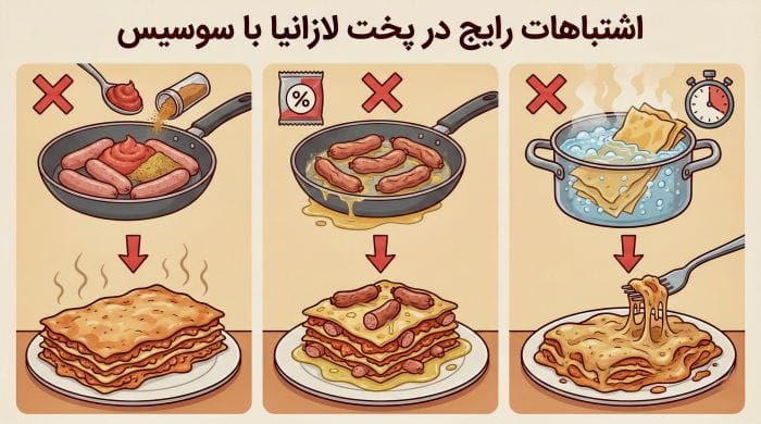 اینفواگرافیک اشتباهات رایج در طرز تهیه لازانیا با سوسیس