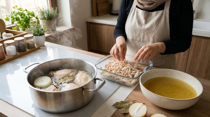 پختن مرغ و تهیه عصاره مرغ برای تهیه سوپ ماکارونی