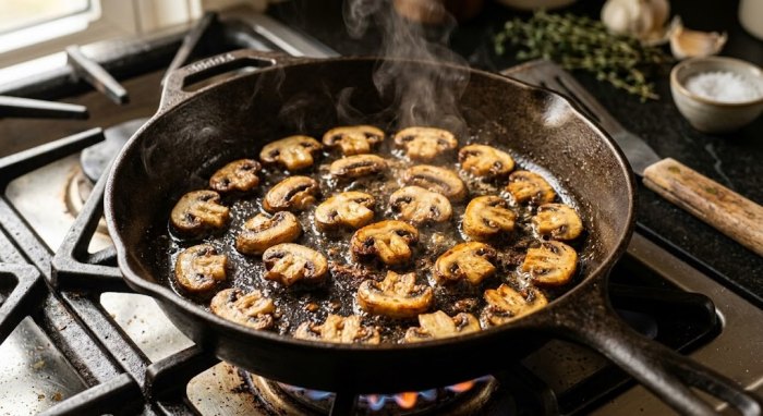 تفت دادن قارچ برای طرز تهیه لازانیا با سس گوشت و قارچ