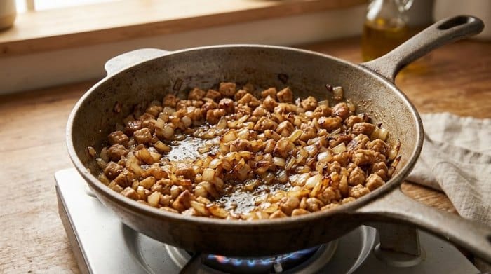 تفت دادن پیاز در روغن و اضافه کردن سویا به مایه ماکارونی سیب زمینی و سویا