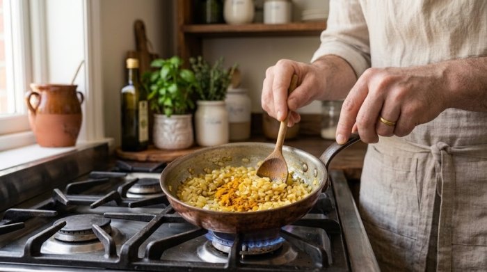 تفت دادن پیاز با زردچوبه برای سس گوشت ماکارونی آشیانه ای