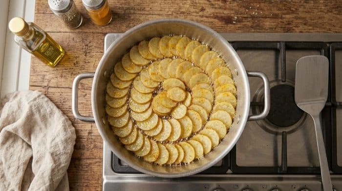 درست کردن ته دیگ سیب زمینی برای طرز تهیه ماکارونی با سویا و سیب زمینی