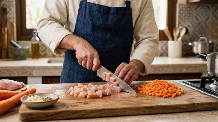 خرد کردن مرغ و هویج با اندازههای یکسان