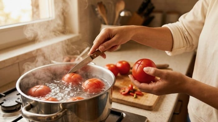برش زدن ته گوجه فرنگی با چاقو به صورت ضربدری و انداختن در آب در حال جوشیدن