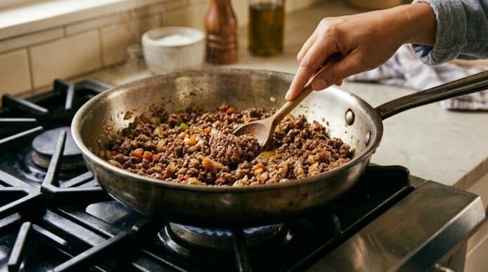 تفت دادن گوشت در سوفریتو برای تهیه سس بلونز