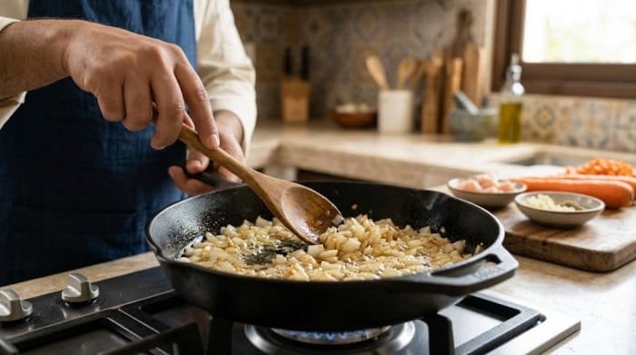 تفت دادن پیاز برای تهیه سس ماکارونی مرغ و هویج
