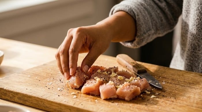 برش نگینی مرغ و مزه‌دار کردن آن برای سس کاربونارا