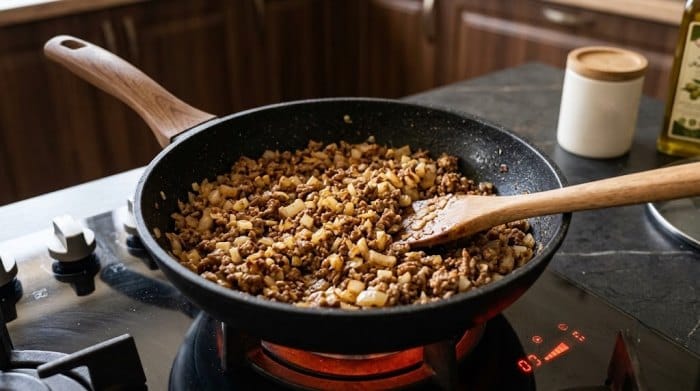 تفت دادن گوشت، پیاز و سیر برای مایه ماکارونی با ته دیگ نان لواش