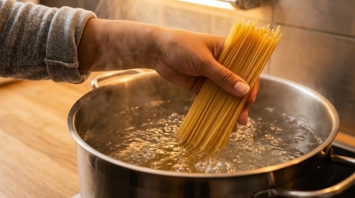 ریختن اسپاگتی در آب جوش و پختن آن