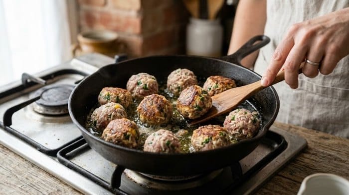 سرخ کردن گوشت قلقلی‌ها برای اسپاگتی در تابه