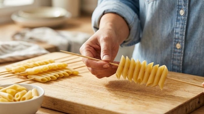 سیخ زدن ماکارونی های پنه برای پیتزای ماکارونی