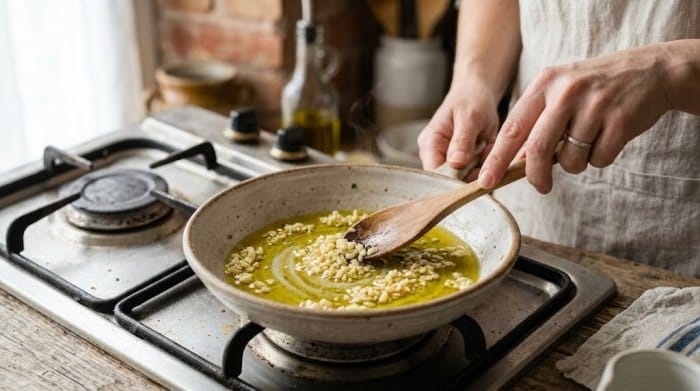 تفت دادن سیر در روغن زیتون داغ