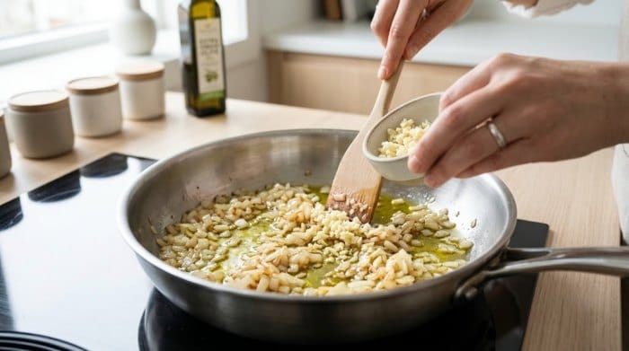 تفت دادن پیاز و سیر در روغن زیتون