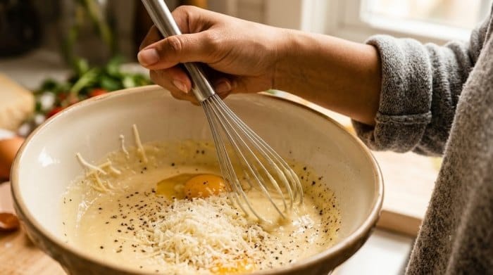 ترکیب زرده، تخم مرغ کامل و پنیر رنده شده برای تهیه سس کاربونارا
