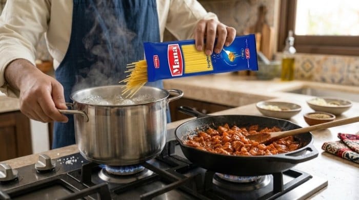 ریختن اسپاگتی در درون قابلمه آبجوش و نمک