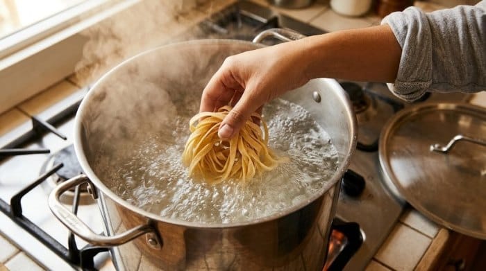 ریختن پاستای تالیاتلی در آب جوش