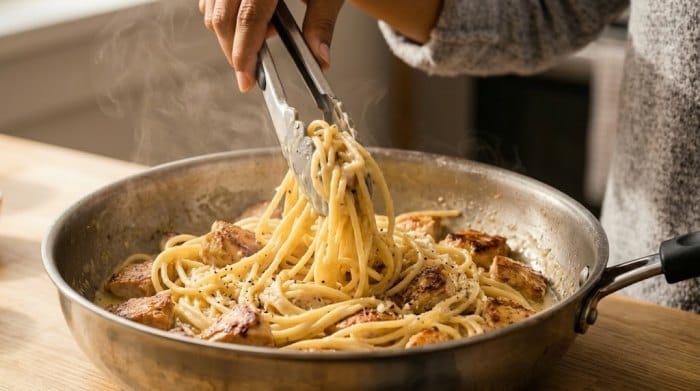 ترکیب کردن سس کاربونارا، مرغ و پاستا