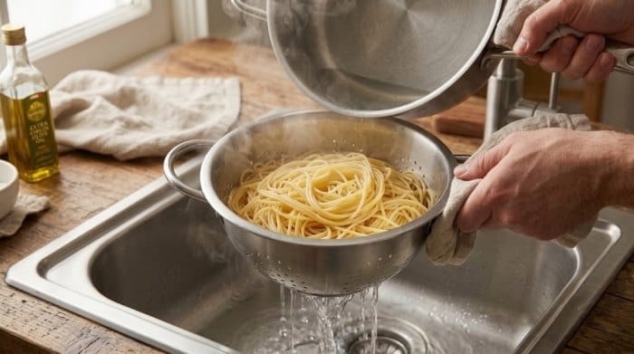 آبکش کردن ماکارونی برای طرز تهیه با سویا و سیب زمینی