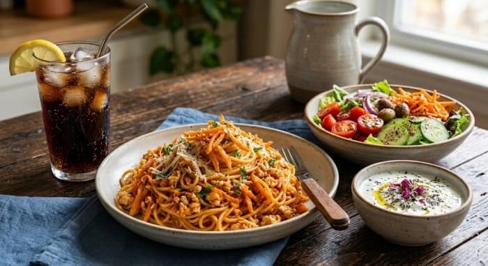 نمای بسته از یک بشقاب ماکارونی با مرغ و هویج