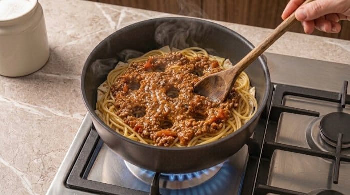 ایجاد سوراخ با چنگال در ماکارونی و سس در درون قابلمه برای پخت بهتر