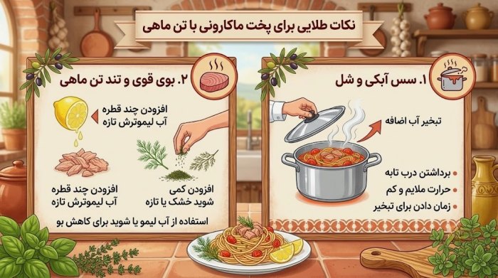 اینفوگرافیک رفع کردن مشکلات رایج پخت ماکارونی رشته ای با تن ماهی