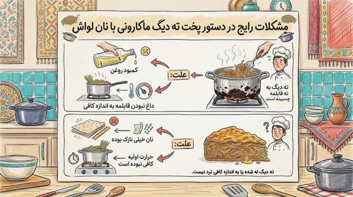 مشکلات رایج دستور پخت ته دیگ ماکارونی با نان لواش