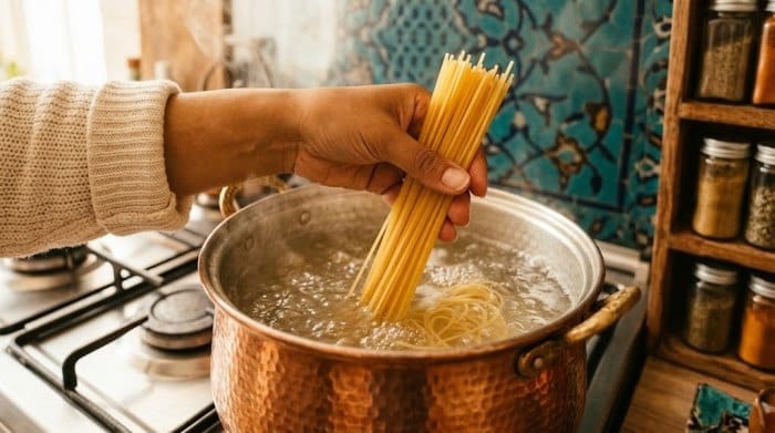 جوشاندن ماکارونی در یک قابلمه حاوی آب جوش