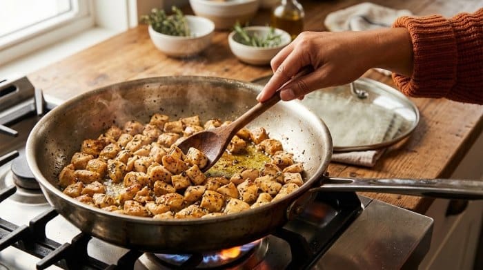 تفت دادن و طلایی کردن مرغ در روغن زیتون