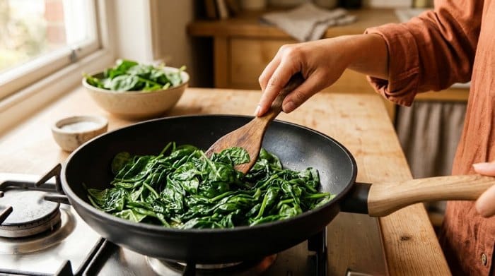 تفت دادن اسفناج در داخل یک تابه بدون آب و روغن