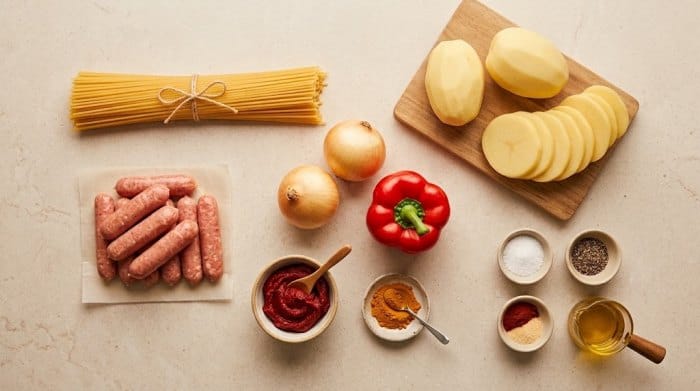 مواد لازم طرز تهیه ماکارونی با سوسیس و سیب زمینی به صورت چیدمان شده روی اوپن آشپزخانه