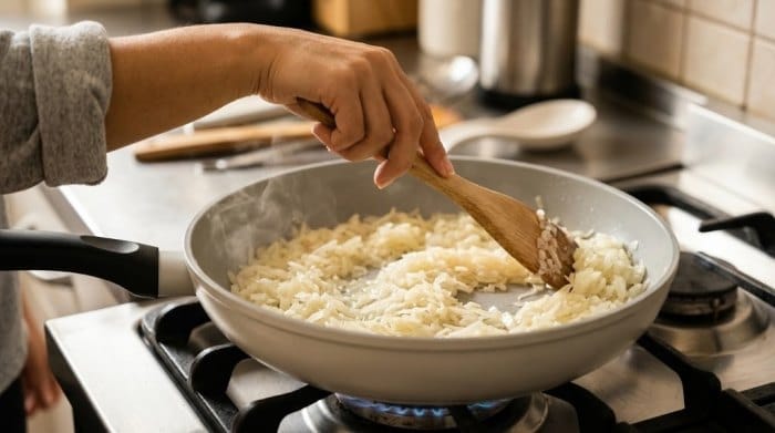 تفت دادن پیاز در تابه بدون روغن