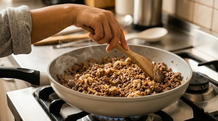 اضافه کردن گوشت چرخ کرده و تفت دادن با پیاز تفت داده شده
