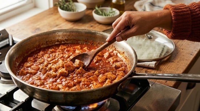 جوشیدن آرام سس گوجه‌فرنگی و مرغ