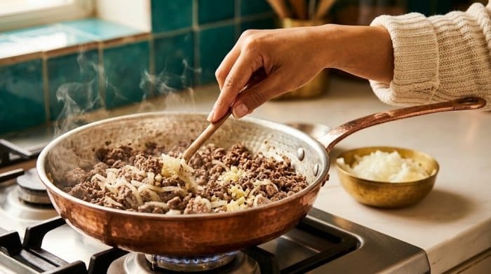 تفت دادن پیاز، سیر و گوشت در تابه