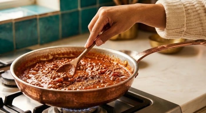 آماده‌سازی سس گوشت ماکارونی مجلسی با رب گوجه فرنگی و پوره گوجه فرنگی