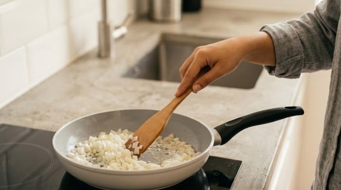 تفت دادن پیاز در تابه به همراه آب