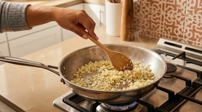 تفت دادن سیر و پیاز روی حرارت در یک تابه
