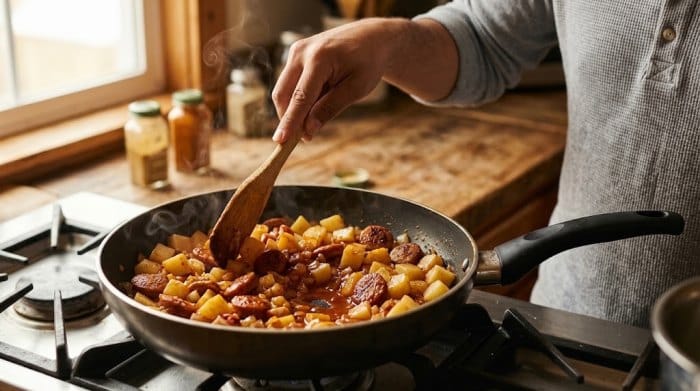 اضافه کردن سیبزمینی و رب گوجه به مایه ماکارونی با سوسیس و سیب زمینی