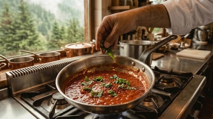 اضافه کردن ریحان به سس گوجه نهایی آماده شده برای پاستا