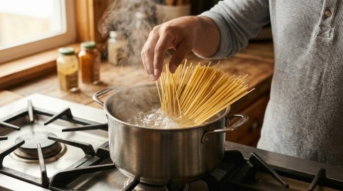 ریختن یک بسته اسپاگتی مانا در آب جوش