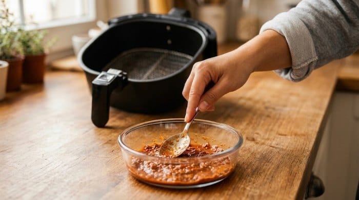 ریختن سس گوشت و گوجه در کف یک ظرف پیرکس مناسب استفاده در سبد ایرفرایر
