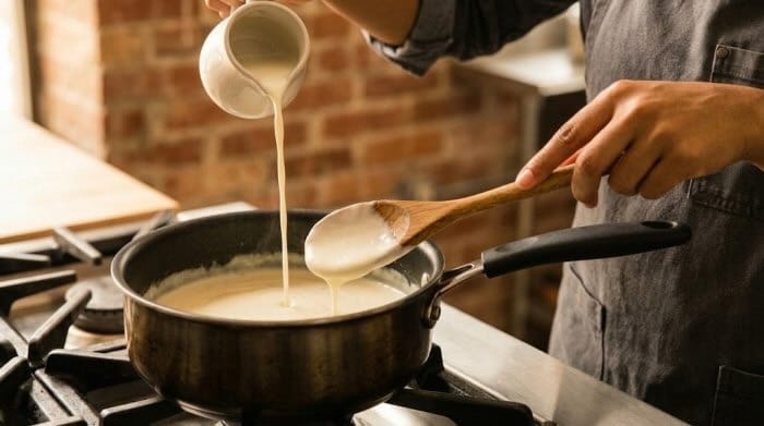 اضافه شدن شیر به سس بشامل و آماده شدن آن روی اجاق گاز