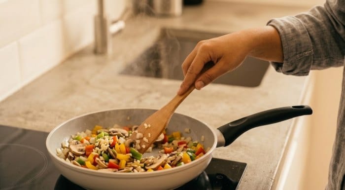 تفت دادن سیر، قارچ، پیاز و فلفل دلمه‌ای با آب در تابه