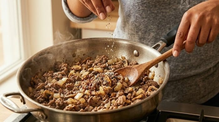 سس گوشت نهایی آماده شده در تابه
