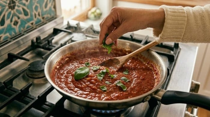 اضافه کردن ریحان به سس گوجه آماده شده برای تالیاتلی