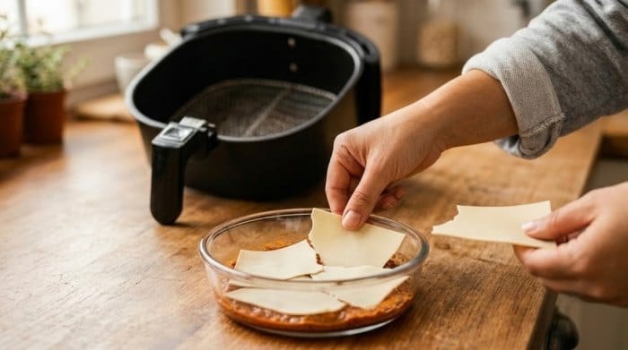 چیدن لازانیا روی لایه سس گوشت و گوجه در ظرف پیرکس
