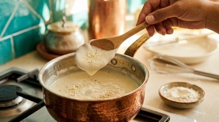 غلیظ شدن و نهایی شدن سس بشامل روی شعله