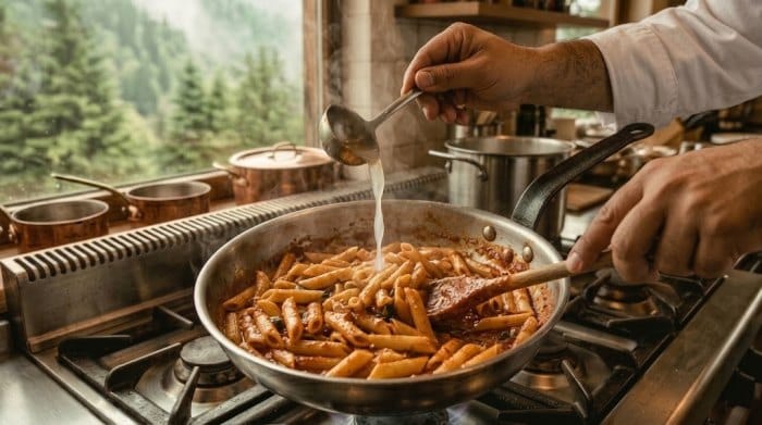 اضافه کردن آب پاستا به پاستا و سس گوجه ترکیب شده و هم زدن آن