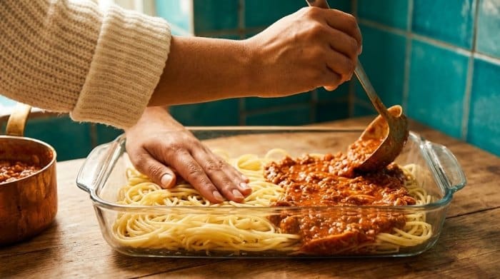 ریختن یک لایه ماکارونی و یک لایه سس گوشت در یک ظرف پیرکس مستطیل